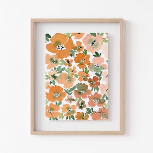 Watercolor Flowers Original Painting, watercolor floral art, original art small, orange flowers art, boho home decor, peach wall art, 5x7 image 1