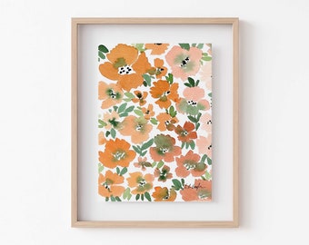 Watercolor Flowers Original Painting, watercolor floral art, original art small, orange flowers art, boho home decor, peach wall art, 5x7