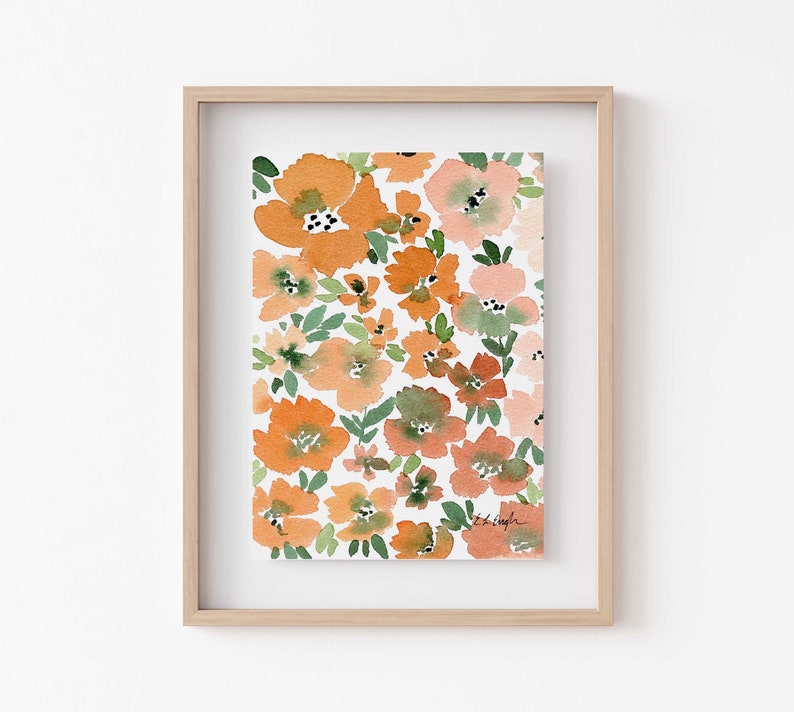 Watercolor Flowers Original Painting, watercolor floral art, original art small, orange flowers art, boho home decor, peach wall art, 5x7 image 1