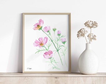 Watercolor Cosmos Flowers Print, pink floral wall art, spring wall art, watercolor flowers painting, farmhouse print pink, wildflower art