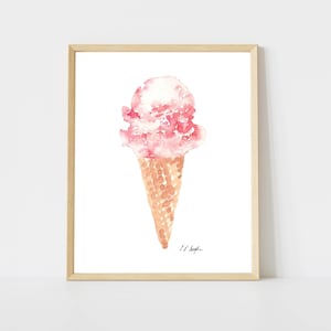 Printable Pink Ice Cream Cone Art, watercolor ice cream, watercolor art print, printable watercolor painting, kitchen wall art, summer print