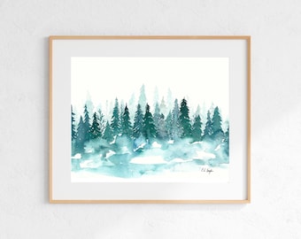 Winter Landscape Painting: Snowy Forest with Blue Pine Trees
