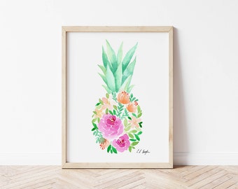 Tropical Kitchen Wall Art, boho chic wall decor, pineapple art print, watercolor fruit painting, summer wall art printable, mint green fruit