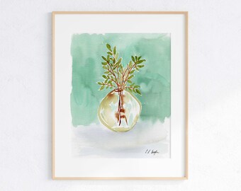 Green Branches Watercolor Print: Mint Botanical Wall Art