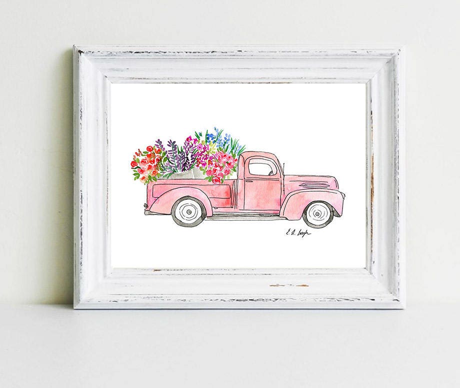 Download Pink Flower Truck Original Watercolor Illustration ...