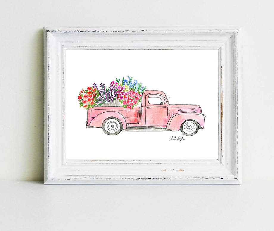 Download Pink Flower Truck Original Watercolor Illustration ...