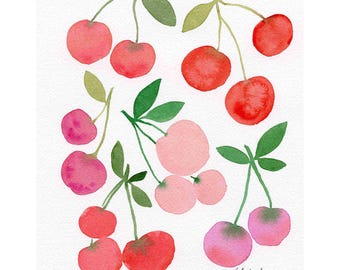 Original Watercolor Fruit Painting: Red & Pink Cherry Art Illustration (8x10)