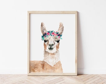 Boho Watercolor Llama Art Print, llama wall art, animal painting, nursery décor, animal art print, kids room décor, boho animal wall art