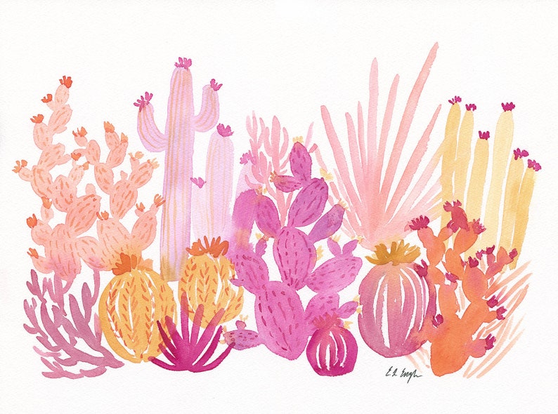 Pink Cactus Watercolor Painting, Original Watercolor Art, 12x16, desert landscape, plant lover gift, cactus garden art, pink home decor image 2