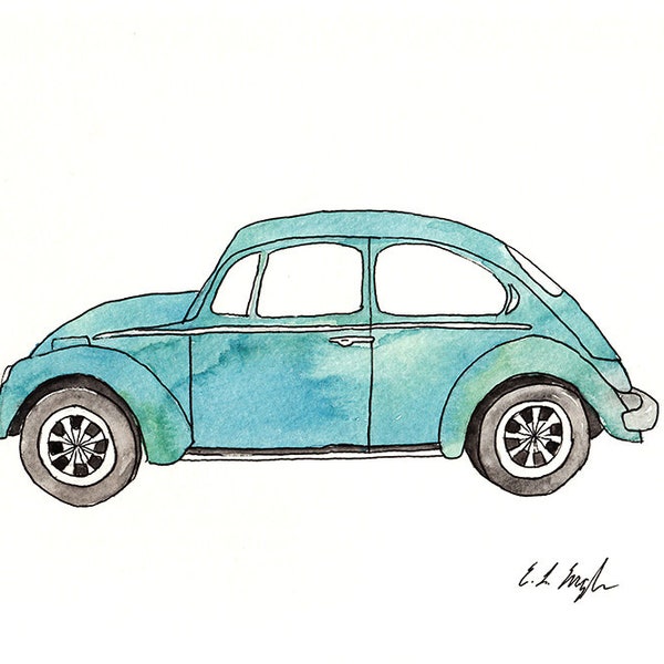 vintage car art, original watercolor, car illustration, fine art, original painting, home decor, blue art, mens art, fathers day, classic