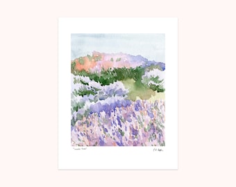 Purple Watercolor Flowers Landscape Art Print: lavender fields