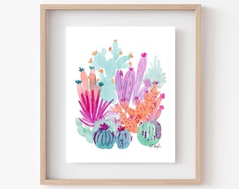 Bright Watercolor Cactus Print, cactus garden wall art, southwestern art print, watercolor giclée print, boho wall art, western inspired art