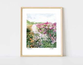 Fields of Color Watercolor Art Print, vertical landscape print, field of flowers painting, watercolor wall art, giclee art print, nature art