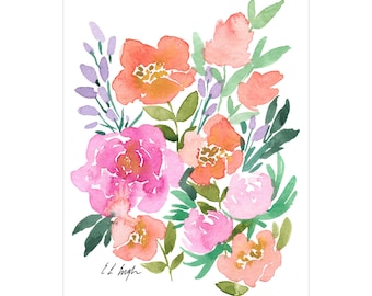Pink And Peach Watercolor Flowers Print: Digital Printable Floral Art