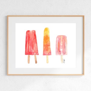 Watercolor Summer Wall Art, printable kitchen art, pink popsicles art print, food wall art, red popsicle painting, digital download painting