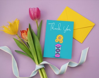 Hearts & Flowers Thank You Card - Blue (Digital Download)