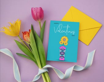 Hearts & Flowers Valentines Day Card - Blue (Digital Download)