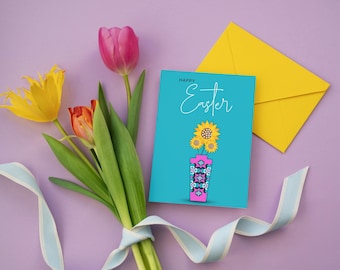 Hearts & Flowers Easter Card - Blue (Digital Download)