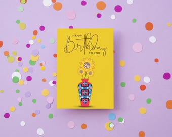 Hearts & Flowers Birthday Card - Yellow (Digital Download)