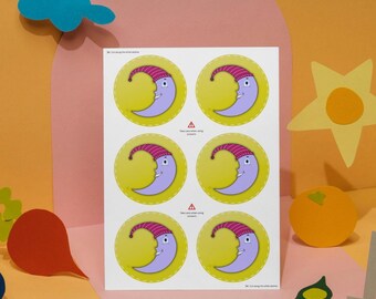 Moon Stickers – 6 Colorful Kids Craft Stickers (Digital Download A4 Sheet)