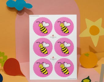 Bee Stickers – 6 Colorful Kids Craft Stickers (Digital Download A4 Sheet)