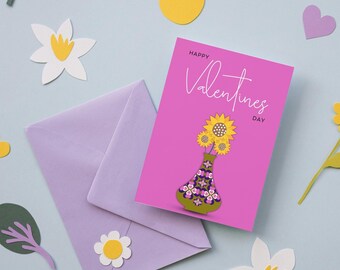 Hearts & Flowers Valentines Day Card - Pink (Digital Download)