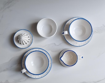 Vintage Gmundner Keramik Breakfast Set, Hand-Painted Blue Polka Dot Ceramic Cups, Creamer, Juicer