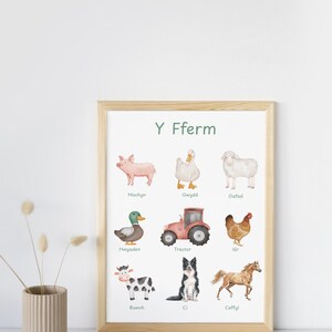 Puede incluir: Un estampado enmarcado con ilustraciones en acuarela de animales de granja, como un cerdo, un pato, una oveja y un caballo. El título "Y Fferm" está en la parte superior. La obra de arte está en un marco de madera clara.