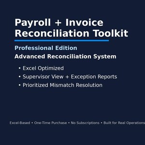 Peut inclure: Graphique bleu foncé avec du texte blanc annonçant un outil de rapprochement de la paie et des factures. Le texte comprend "Payroll + Invoice Reconciliation Toolkit", "Professional Edition" et des fonctionnalités telles que "Excel Optimized".