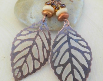 Boho Style Long Earrings Drop Dangle Bohemian Earrings Copper Leaf Handmade Earrings Gift for Her Gift Ideas