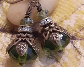 Bohemian Green Czech Glass Dangle Earrings: Bronze Flower Beadcaps
