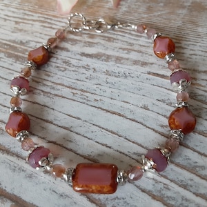 Pink Czech Glass Beaded Bracelet, Picasso Finish, Boho Style