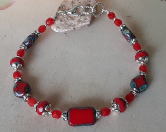 Red Picasso Finish Czech Glass Beaded Bracelet, Gift Ideas Gift for Her