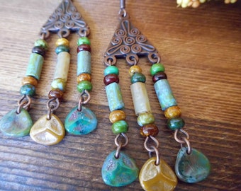 Copper Boho Style Chandelier Earrings Czech Glass Bohemian Dangle Earrings Gift Ideas Gift for Her