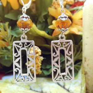 Orange Picasso Czech Glass Earrings: Silver Filigree Dangle Earrings