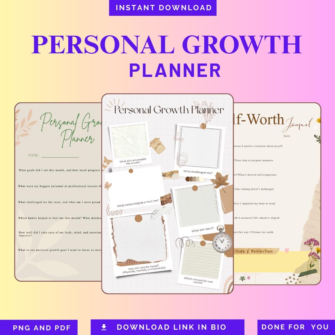 Personal Growth Planner Printable PDF PNG | Self Improvement Journal ...