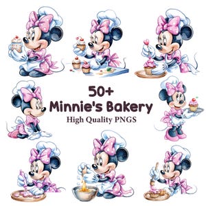 Puede incluir: Ilustraciones en acuarela de Minnie Mouse en una panader&iacute;a. Minnie aparece con gorro y delantal de chef, decorando cupcakes y preparando productos horneados. La imagen incluye el texto "50+ Minnie's Bakery High Quality PNGs."