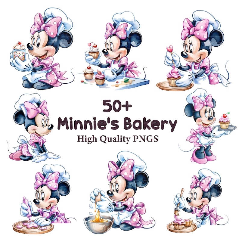 Puede incluir: Ilustraciones en acuarela de Minnie Mouse en una panader&iacute;a. Minnie aparece con gorro y delantal de chef, decorando cupcakes y preparando productos horneados. La imagen incluye el texto "50+ Minnie's Bakery High Quality PNGs."