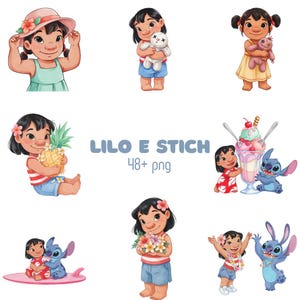 May include: A collection of digital illustrations featuring a young girl with black hair and a blue alien character. The images show them in various poses, including holding a pineapple, a doll, flowers, and an ice cream sundae. Text reads LILO E STICH 48+ png.