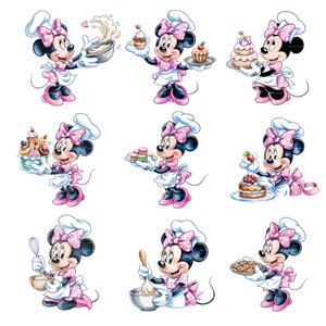 Puede incluir: Nueve ilustraciones de Minnie Mouse como panadera, vestida con un vestido rosa de lunares, gorro de chef y delantal. Se la muestra preparando y presentando varios productos horneados, incluyendo cupcakes y pasteles. El fondo es blanco.