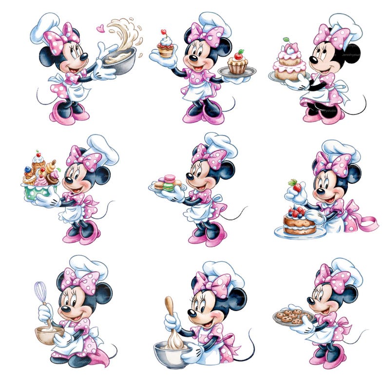 Puede incluir: Nueve ilustraciones de Minnie Mouse como panadera, vestida con un vestido rosa de lunares, gorro de chef y delantal. Se la muestra preparando y presentando varios productos horneados, incluyendo cupcakes y pasteles. El fondo es blanco.