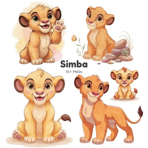 Può includere: Una collezione di illustrazioni digitali raffiguranti un cucciolo di leone in stile cartone animato in varie pose, tra cui seduto, che saluta e in piedi. Il testo "Simba" e "15+ PNGs" è centrato tra i quattro distinti disegni.