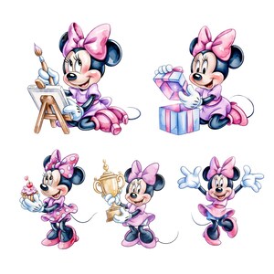 May include: Watercolor illustrations of Minnie Mouse in various poses. She is depicted painting, opening a gift, holding a cupcake, holding a trophy, and with her arms raised. Minnie Mouse is wearing a pink dress and bow.