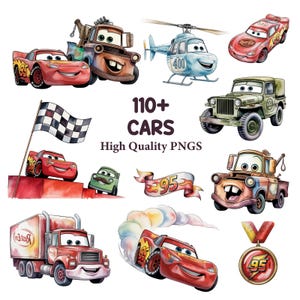 May include: A collection of watercolour illustrations featuring cartoon cars, such as a red race car, a tow truck, a helicopter, and a military jeep. The image includes a checkered flag and text that reads "110+ CARS High Quality PNGs."
