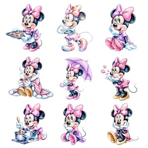 May include: Watercolor illustrations of Minnie Mouse in various poses. Minnie is depicted in a pink dress and bow, holding a tray of cookies, an umbrella, and a cup of coffee. The images have a cartoon style.