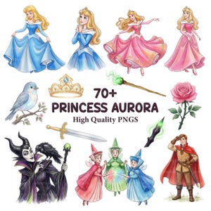 Pode incluir: Uma coleção de ilustrações digitais apresentando a Princesa Aurora em vestidos azul e rosa, uma coroa dourada, um pássaro azul, uma rosa, uma espada, um cajado com luz verde, uma vilã com um corvo, três fadas e um príncipe de capa vermelha.