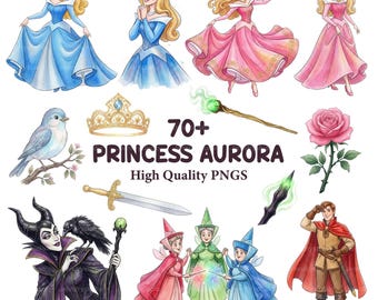 Imágenes prediseñadas de acuarela de la princesa Aurora • Paquete PNG de alta resolución, Princesa de la Bella Durmiente • PNG de alta resolución