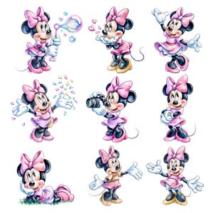May include: A collection of nine illustrations of Minnie Mouse in various poses. Minnie is depicted in a pink dress and bow, blowing bubbles, holding a camera, and striking playful poses. The artwork features a watercolor style with soft colors.
