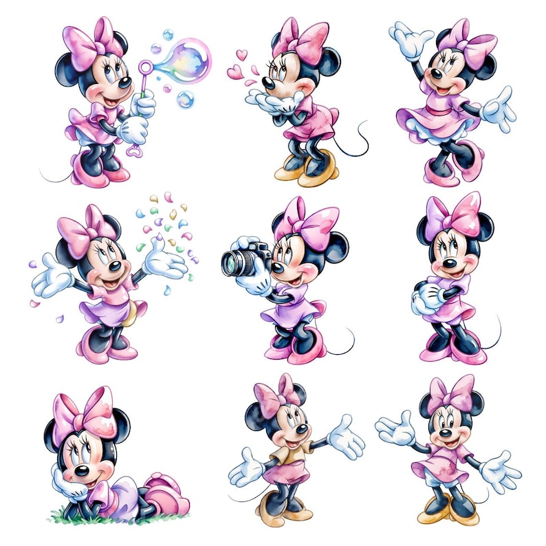 May include: A collection of nine illustrations of Minnie Mouse in various poses. Minnie is depicted in a pink dress and bow, blowing bubbles, holding a camera, and striking playful poses. The artwork features a watercolor style with soft colors.