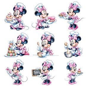 Puede incluir: Una colecci&oacute;n de nueve ilustraciones de un rat&oacute;n de dibujos animados con un atuendo de chef, horneando y sosteniendo varios pasteles. El rat&oacute;n lleva un delantal rosa con lunares y un gorro de chef con un lazo a juego. El rat&oacute;n sostiene un pastel, macarons y un letrero que dice "Bakery".